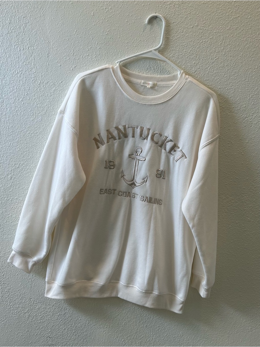 Ultra Flirt White Crewneck Sweatshirt with Beige Anchor Embroidery